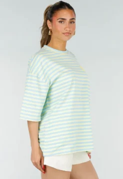 Lichtblauw Geel Gestreepte Oversized T-shirt met Tekstprint