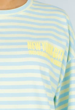 Lichtblauw Geel Gestreepte Oversized T-shirt met Tekstprint