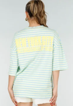 Lichtblauw Geel Gestreepte Oversized T-shirt met Tekstprint