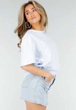Lichtblauw Kanten T-shirt met Korte Mouwen en Ronde Hals