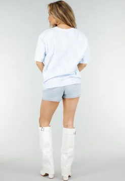 Lichtblauw Kanten T-shirt met Korte Mouwen en Ronde Hals