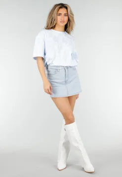 Lichtblauw Kanten T-shirt met Korte Mouwen en Ronde Hals