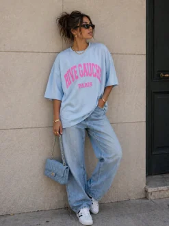 Lichtblauw Oversized T-Shirt met Roze Rive Gauche Tekstprint