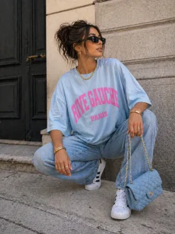 Lichtblauw Oversized T-Shirt met Roze Rive Gauche Tekstprint