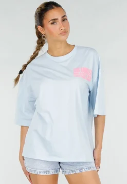 Lichtblauw T-shirt met Roze Print en Korte Mouwen en Ronde Hals