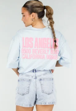 Lichtblauw T-shirt met Roze Print en Korte Mouwen en Ronde Hals