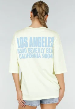 Lichtgeel Oversized T-shirt met Blauwe Tekst en Korte Mouwen