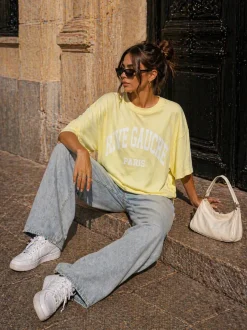 Lichtgeel Oversized T-Shirt met Witte Tekstprint