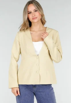Lichtgele Blazer met Getailleerde Pasvorm en Knoopsluiting