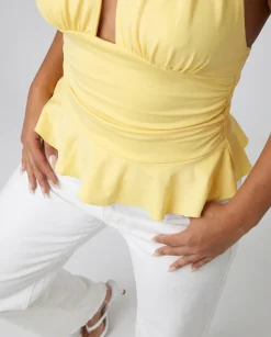 Lichtgele Halter Top met Diepe V-Hals en Volant Zoom