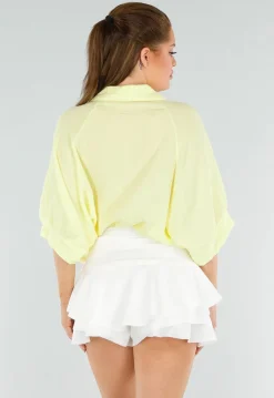 Lichtgele Katoenen Blouse met Knoopjes en Vleermouwen