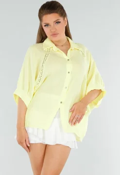 Lichtgele Katoenen Blouse met Knoopjes en Vleermouwen