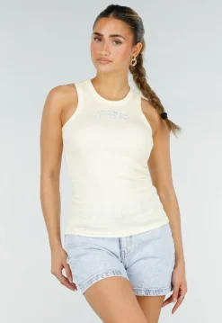 Lichtgele Rib Tanktop met Blauwe Tekst en Aansluitende Pasvorm
