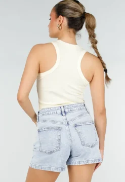 Lichtgele Rib Tanktop met Blauwe Tekst en Aansluitende Pasvorm