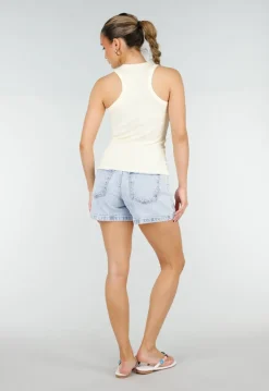 Lichtgele Rib Tanktop met Blauwe Tekst en Aansluitende Pasvorm