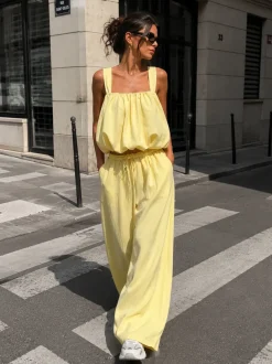 Lichtgele Stretch Two Piece Set met Mouwloze Top en Wide Leg Broek