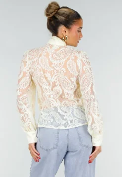 Lichtgele Transparante Kanten Blouse met Strikkraag en Lange Mouwen