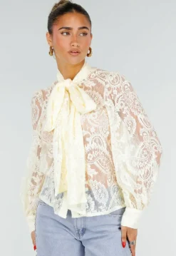Lichtgele Transparante Kanten Blouse met Strikkraag en Lange Mouwen