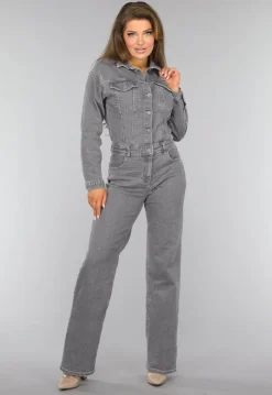 Lichtgrijze Denim Jumpsuit met Stretch