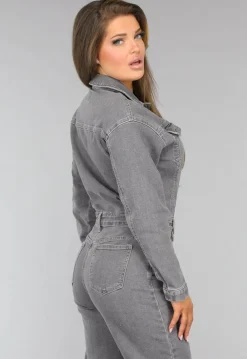 Lichtgrijze Denim Jumpsuit met Stretch