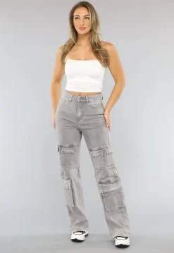 Lichtgrijze Jeans met Hoge Taille en Cargo Zakken