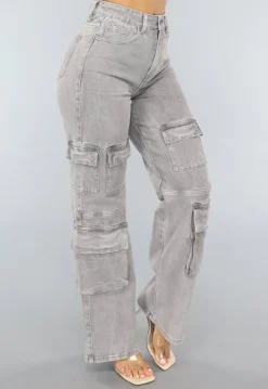 Lichtgrijze Jeans met Hoge Taille en Cargo Zakken
