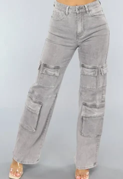 Lichtgrijze Jeans met Hoge Taille en Cargo Zakken