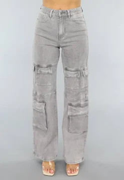Lichtgrijze Jeans met Hoge Taille en Cargo Zakken