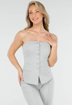 Lichtgrijze Strapless Gilet Top met Knoopsluiting