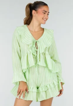 Lichtgroene Gestreepte Two Piece Set met Blouse en Rucheshort