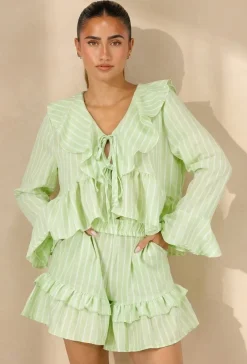 Lichtgroene Gestreepte Two Piece Set met Blouse en Rucheshort