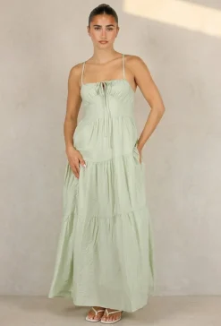 Lichtgroene Maxi Jurk met Spaghettibandjes en Smokwerk