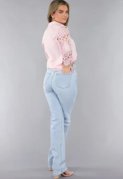 Lichtroze Blouse met Gehaakte Pauwveer Patroon Mouwen