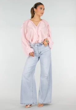 Lichtroze Chiffon Blouse met Ruffles Lange Mouwen en Knopen