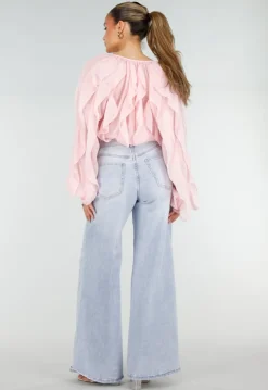Lichtroze Chiffon Blouse met Ruffles Lange Mouwen en Knopen