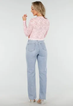 Lichtroze Crop Top met Kant en Lange Mouwen