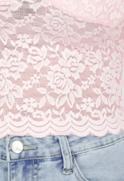 Lichtroze Crop Top met Kant en Lange Mouwen