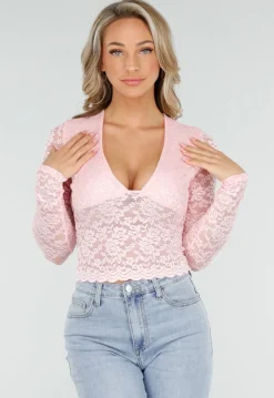 Lichtroze Crop Top met Kant en Lange Mouwen