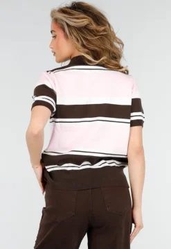 Lichtroze en Bruin Gestreepte Gebreide Polo Top met Stretch