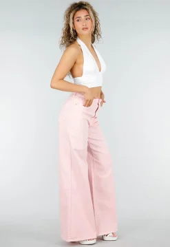 Lichtroze Extra Wide Leg Jeans met Hoge Taille en Rechte Pijpen