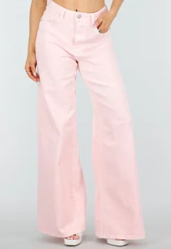 Lichtroze Extra Wide Leg Jeans met Hoge Taille en Rechte Pijpen