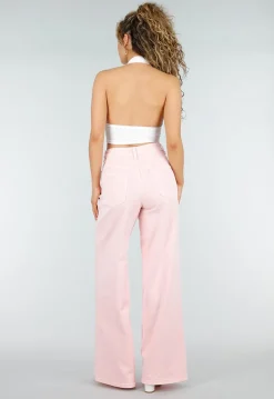 Lichtroze Extra Wide Leg Jeans met Hoge Taille en Rechte Pijpen