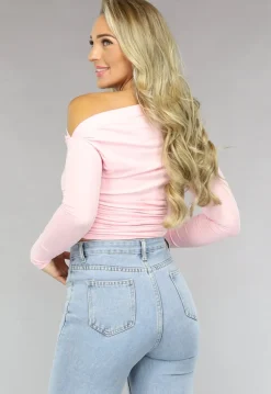 Lichtroze Geplooide Stretch Top met Lange Mouwen