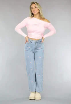 Lichtroze Geplooide Stretch Top met Lange Mouwen