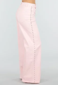 Lichtroze High Waist Wide Leg Jeans met Stud Details