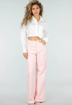 Lichtroze High Waist Wide Leg Jeans met Stud Details