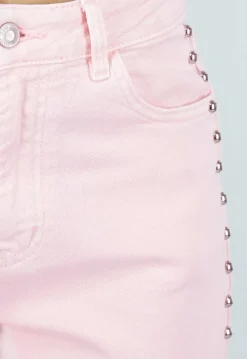 Lichtroze High Waist Wide Leg Jeans met Stud Details