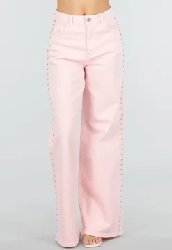 Lichtroze High Waist Wide Leg Jeans met Stud Details