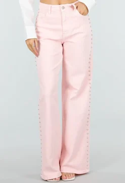Lichtroze High Waist Wide Leg Jeans met Stud Details