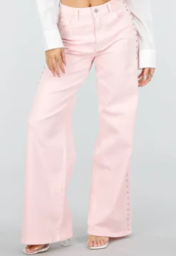Lichtroze High Waist Wide Leg Jeans met Stud Details